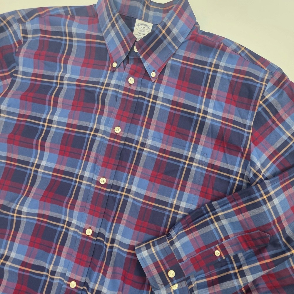 BROOKS BROTHERS REGENT BUTTON DOWN SHIRT MENS 2XL XXL BLUE RED PLAID LONG SLEEVE